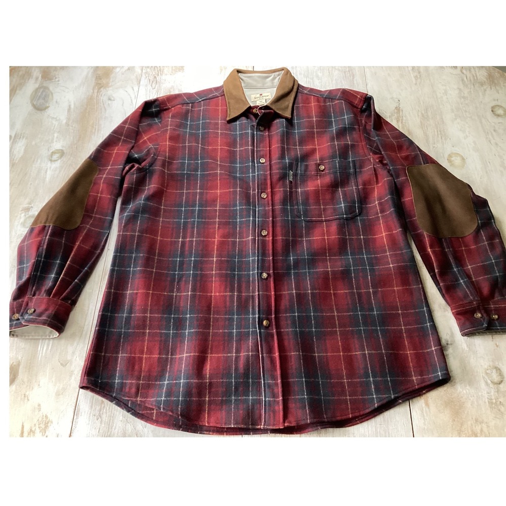 Woolrich Mens XL Red Plaid Wool Blend Long Sleeve Button Up Suede Elbow Patches